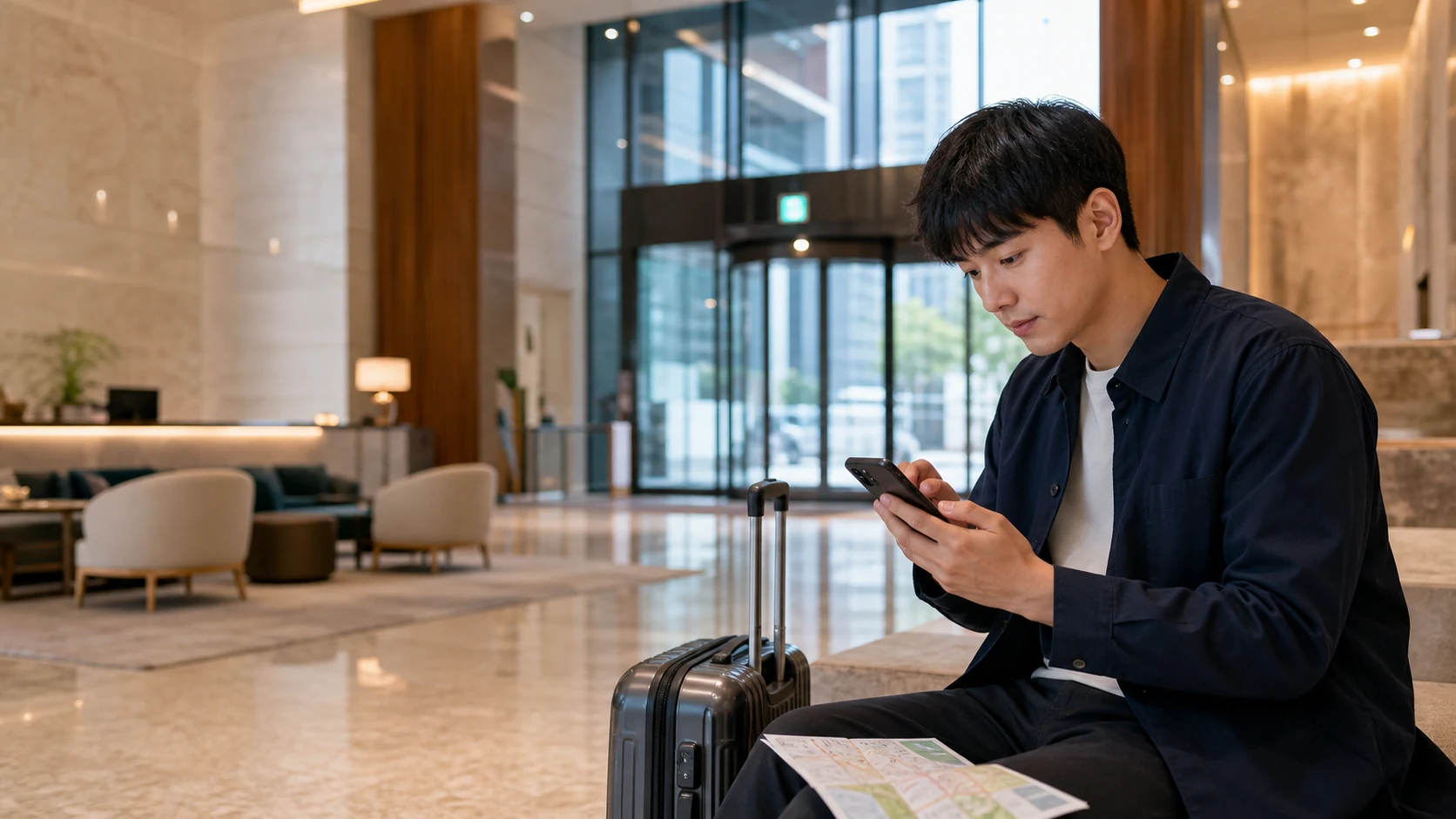 ソウルのホテルロビーでAndroidスマホのネットワーク設定を確認する旅行者