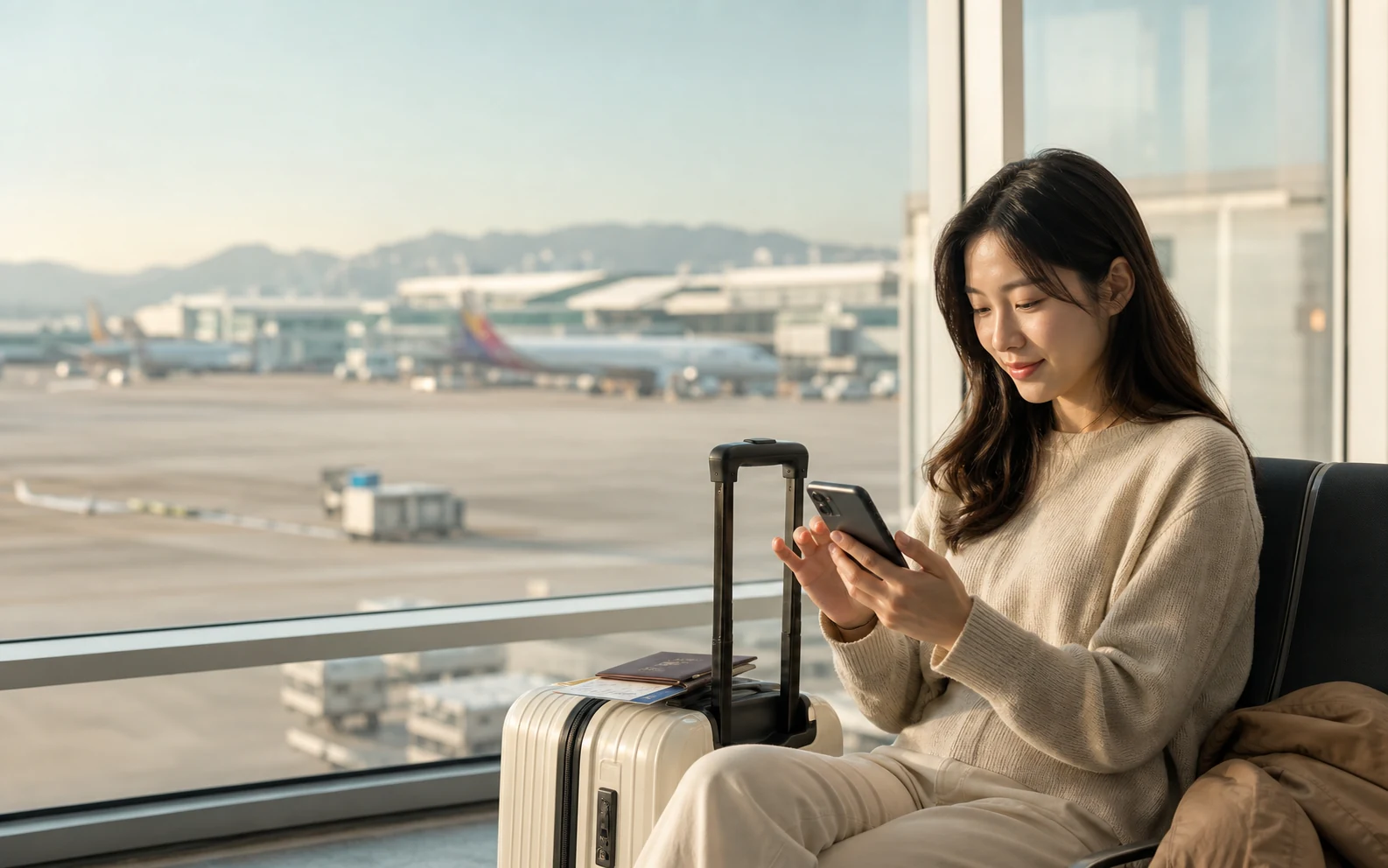韓国の空港に到着した旅行者が荷物のそばでスマホのeSIMを切り替える様子