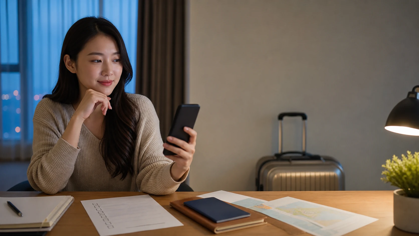 出発前の机で、スマホ・旅行書類・荷物を整理しながら韓国eSIMを確認する旅行者