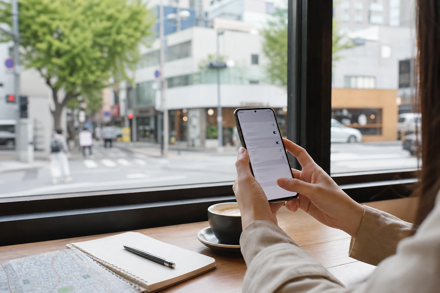 ソウルのカフェでAndroid端末のeSIM相性を確認する旅行者