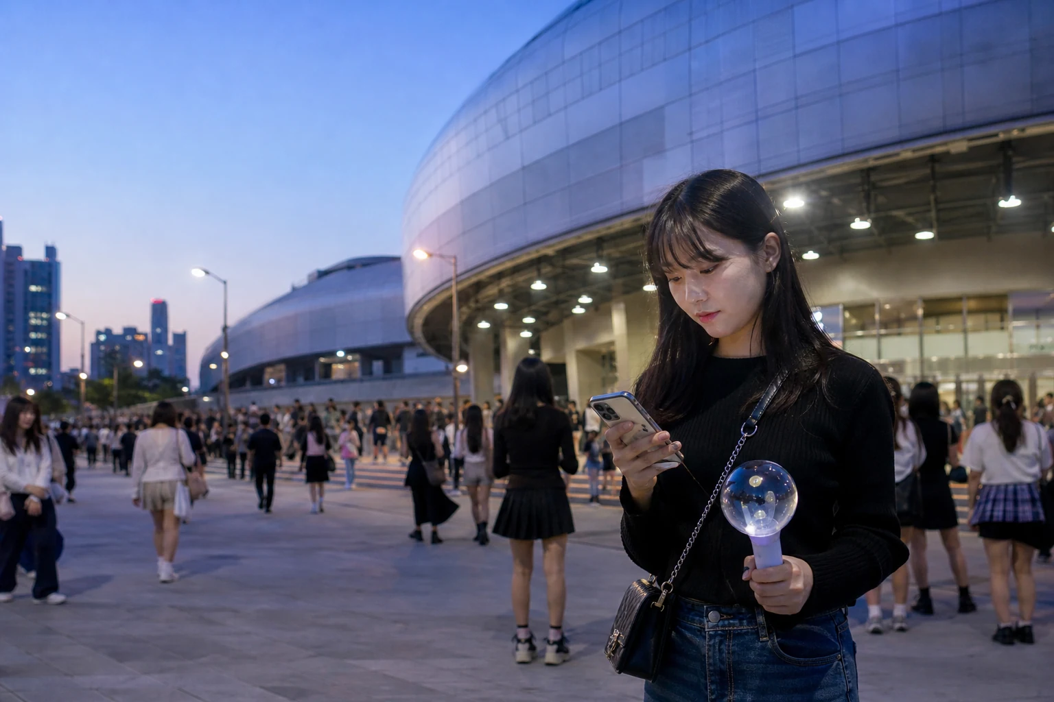 ライブ終演後、韓国の会場外でスマートフォンの接続を確認する旅行者