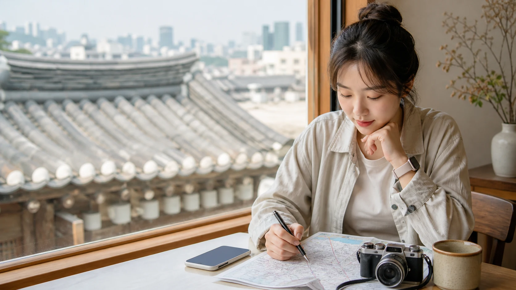 ソウルのカフェでスマホを使い、カメラと地図を準備する旅行者。eSIMの通信量を見積もる旅先の状況を表現している