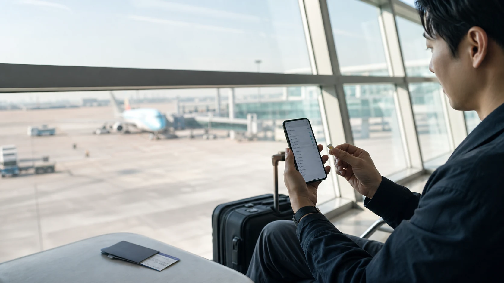 空港でデュアルSIMのスマホと韓国eSIMの設定を準備する旅行者