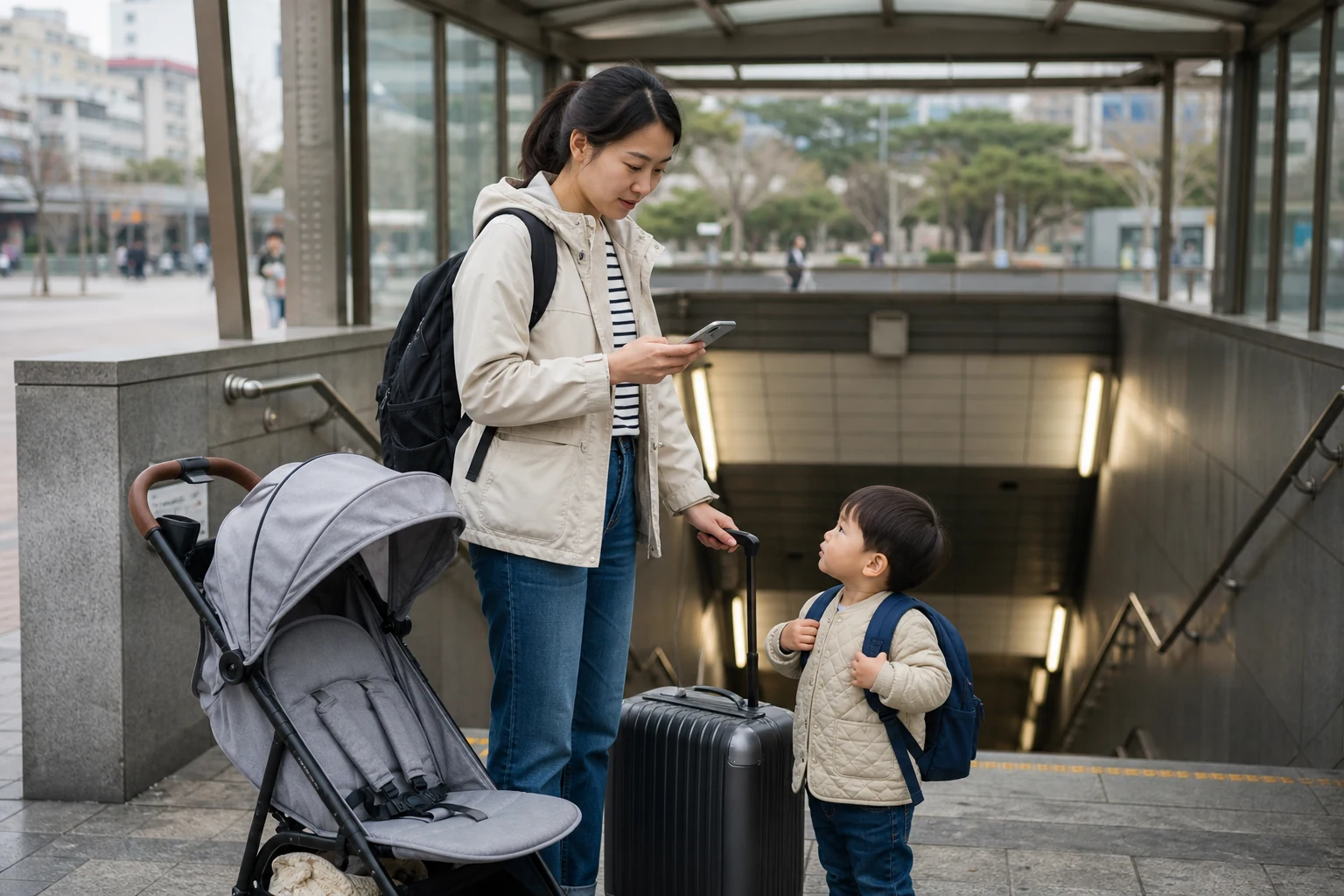 保護者が子どもとベビーカーを連れてソウルの地下鉄入口でスマホの地図を確認している