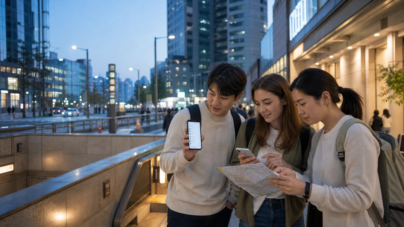 ソウルの地下鉄駅の外で、3人の旅行者がスマホのテザリングと地図を確認している