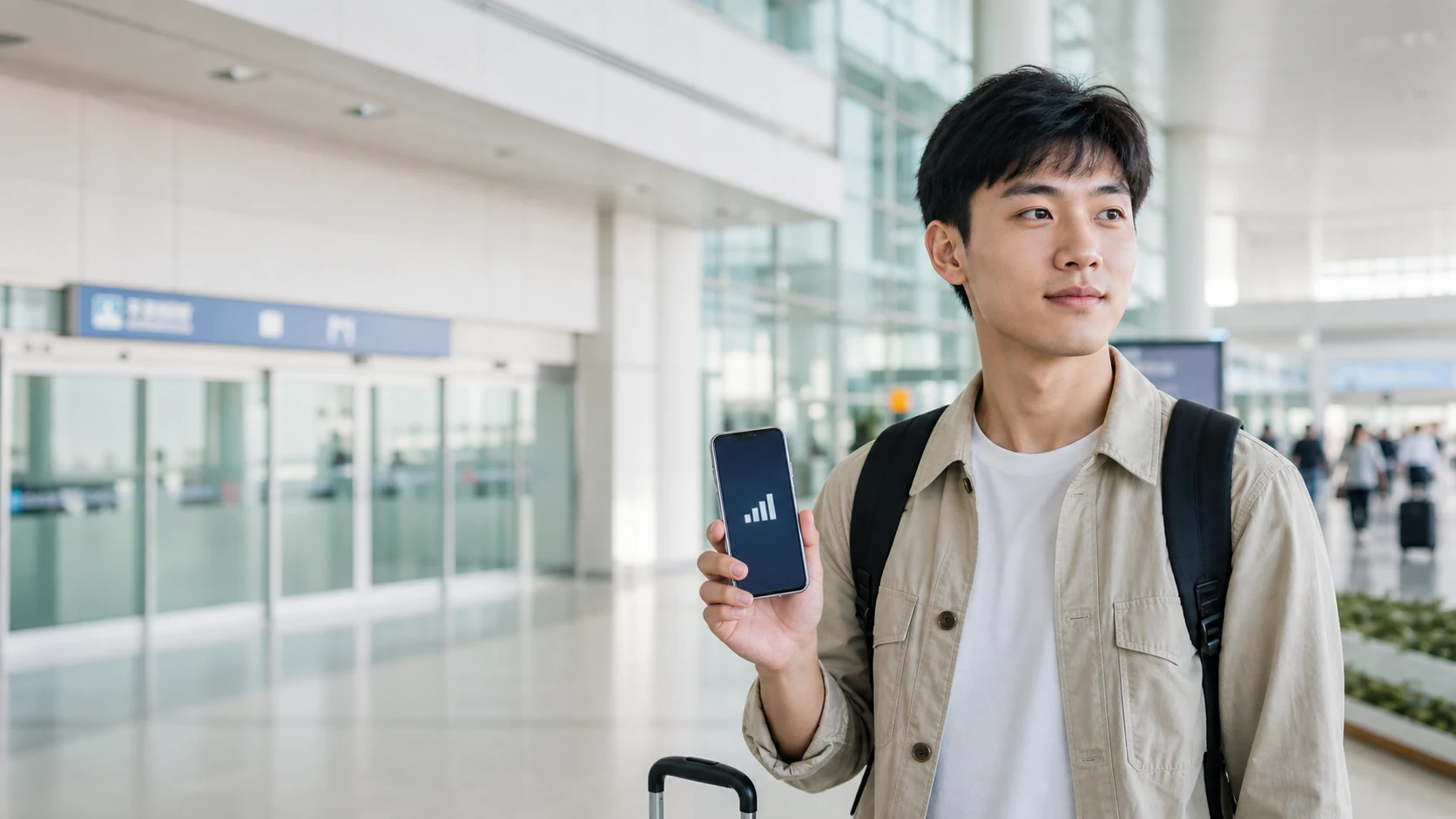 仁川空港で韓国旅行の通信を確認する旅行者
