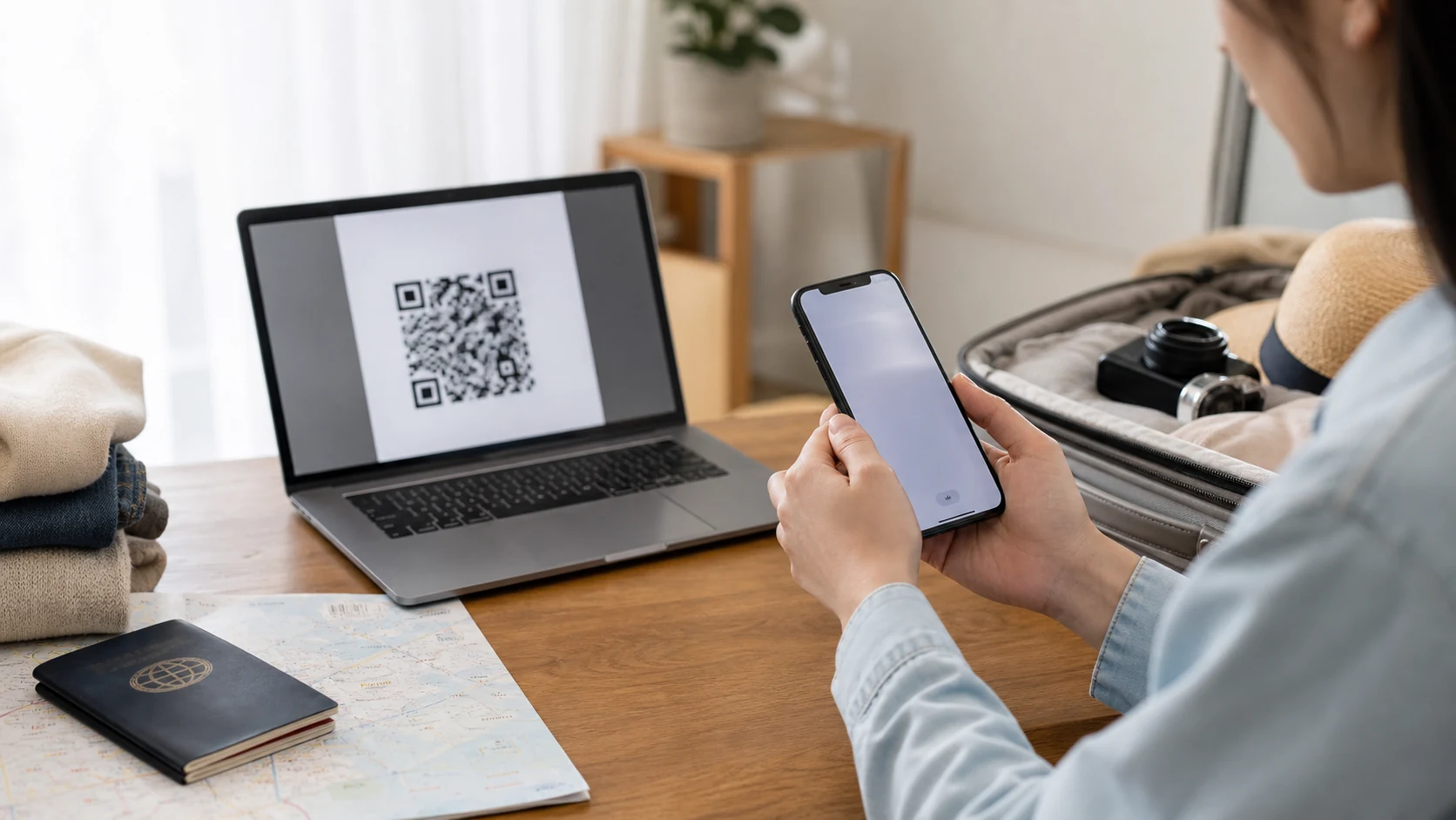 出発前にiPhoneでeSIMのQRコードを読み取る旅行者