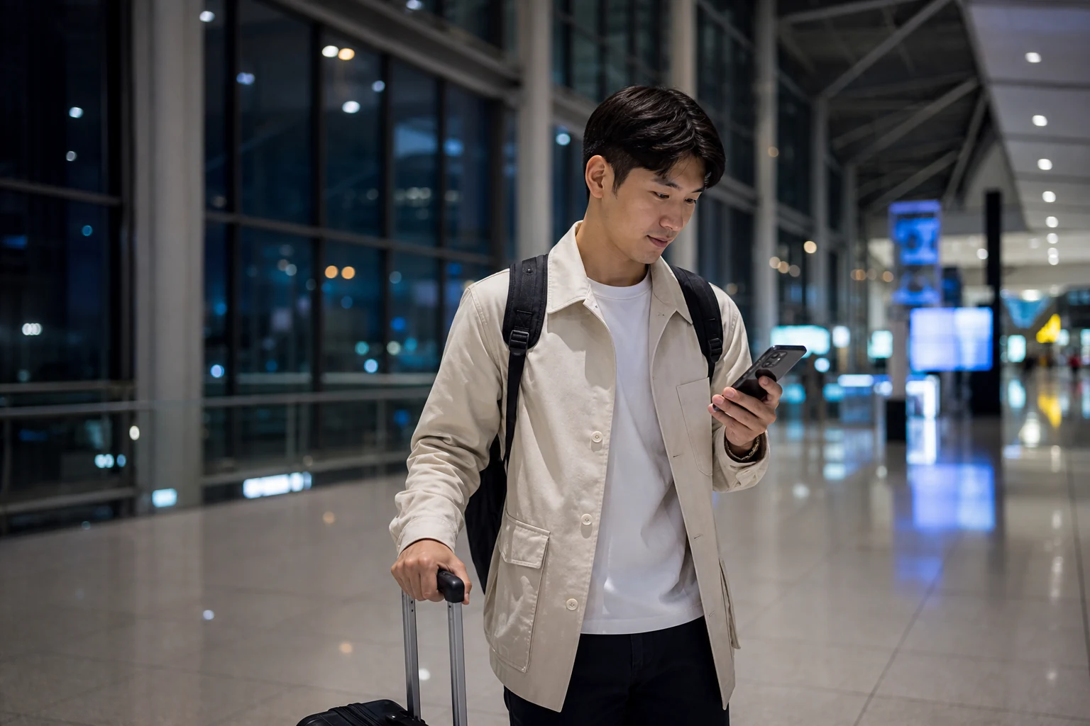 深夜に韓国へ到着した旅行者が空港でスマートフォンの地図を確認している様子