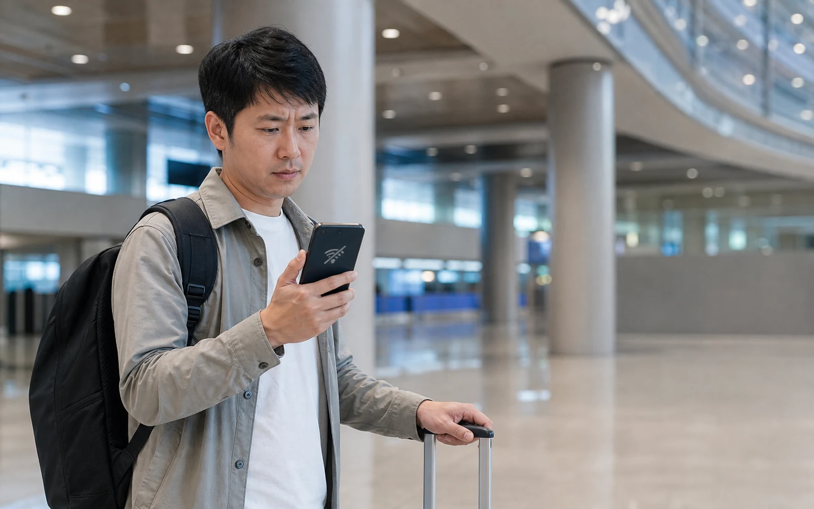 韓国の空港でスマートフォンの圏外アイコンとeSIM設定を確認する旅行者