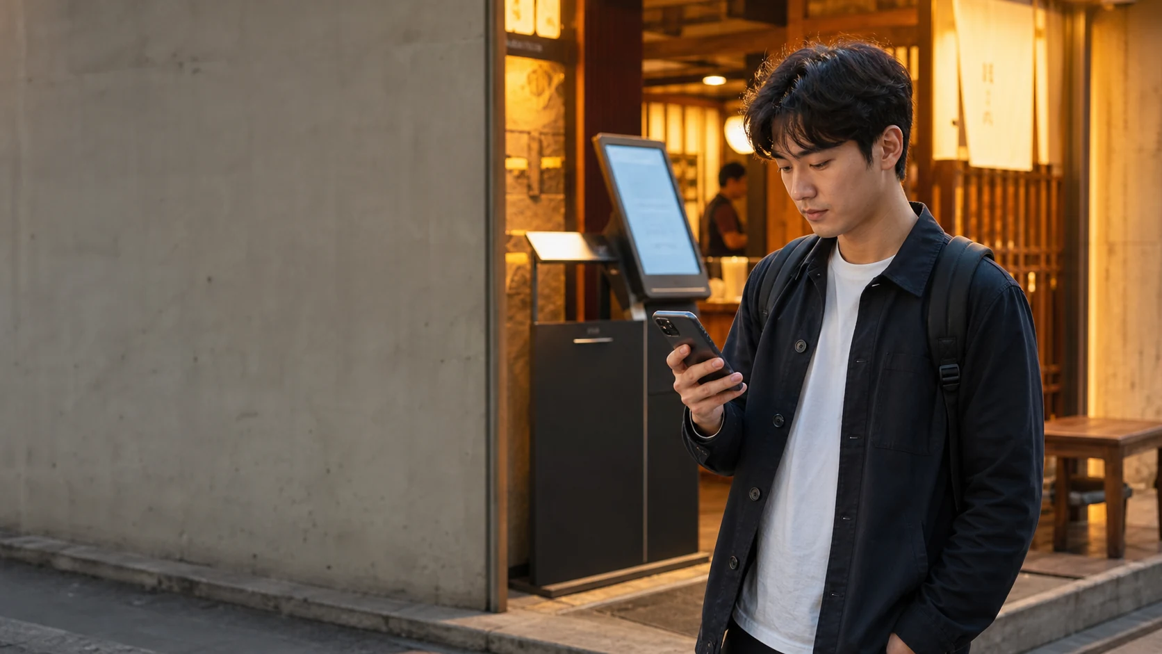 ソウルの飲食店入口でスマホと順番待ち端末を確認する旅行者