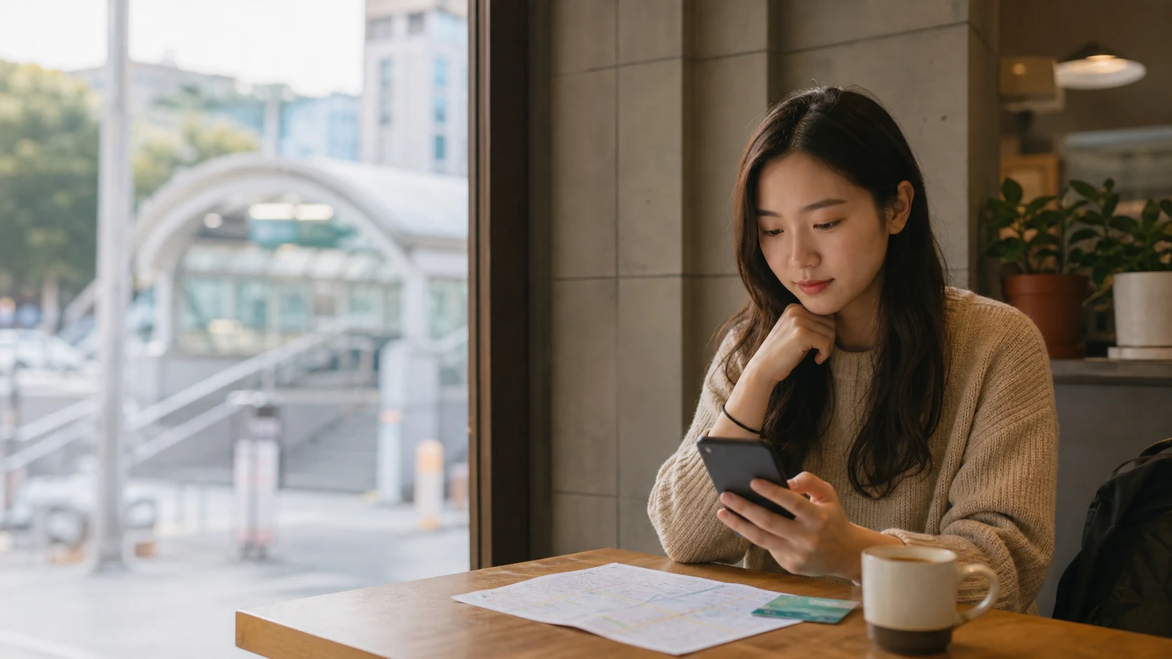 旅人がソウルのカフェでスマホを見ながら旅程データを確認し、韓国eSIMを選ぶ準備