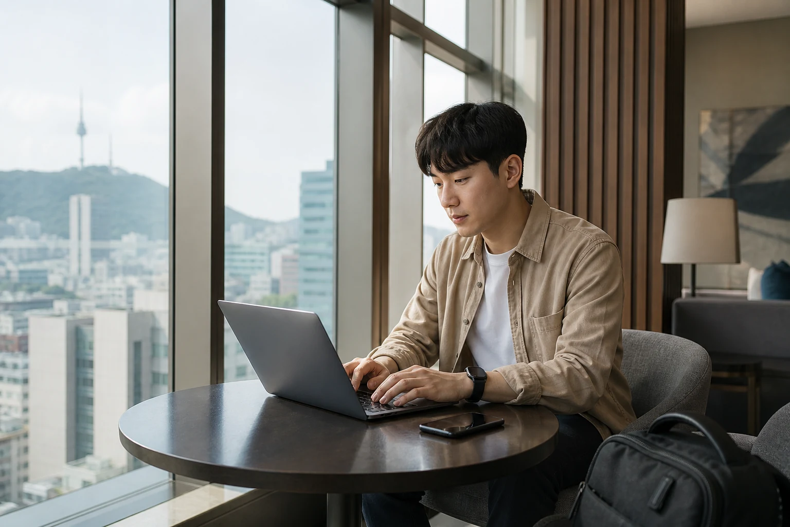 ソウル滞在中の宿泊環境で旅客がノートPCとスマホを仕事に使う