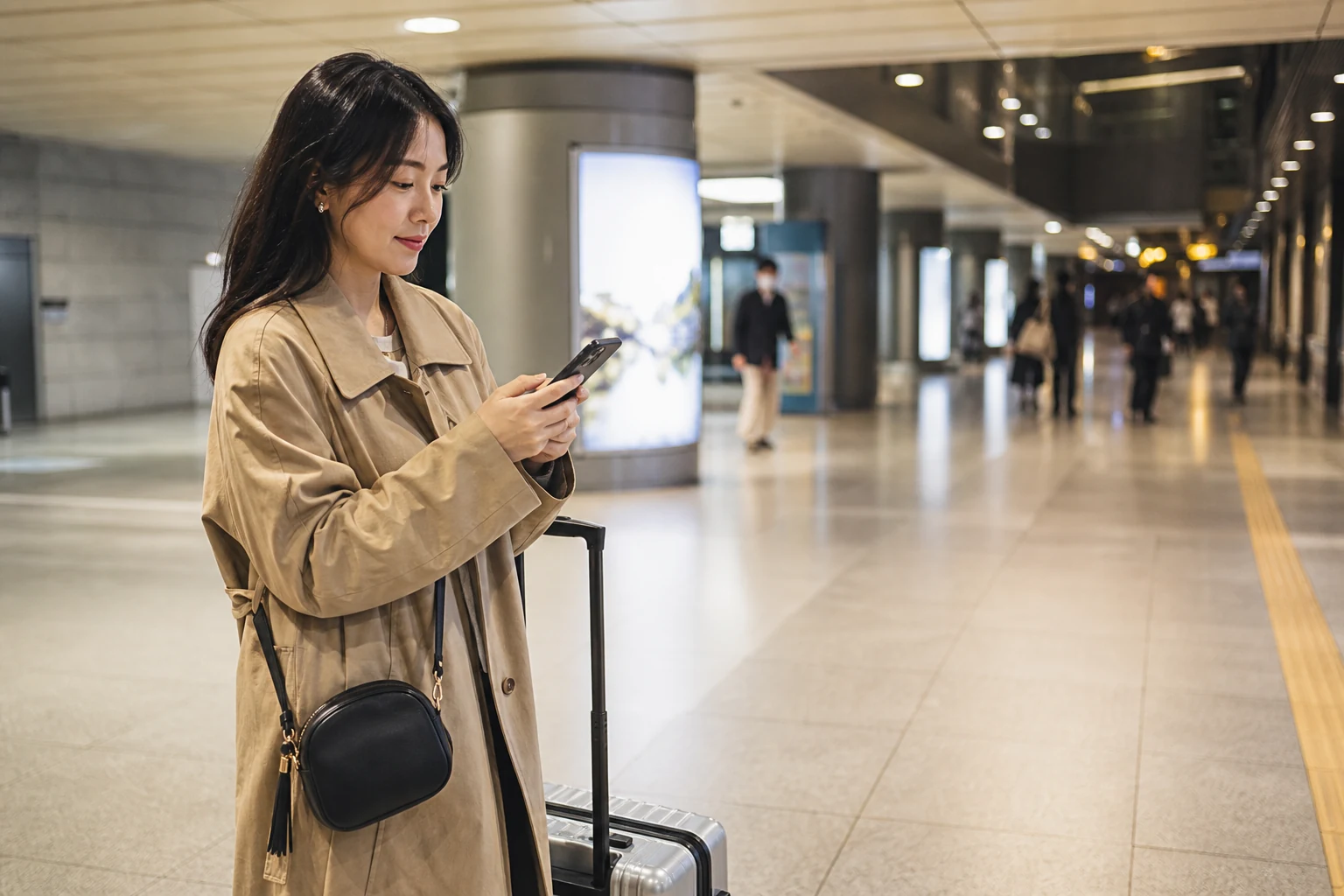 ソウルの地下鉄駅内でスマホのルートを確認する一人旅