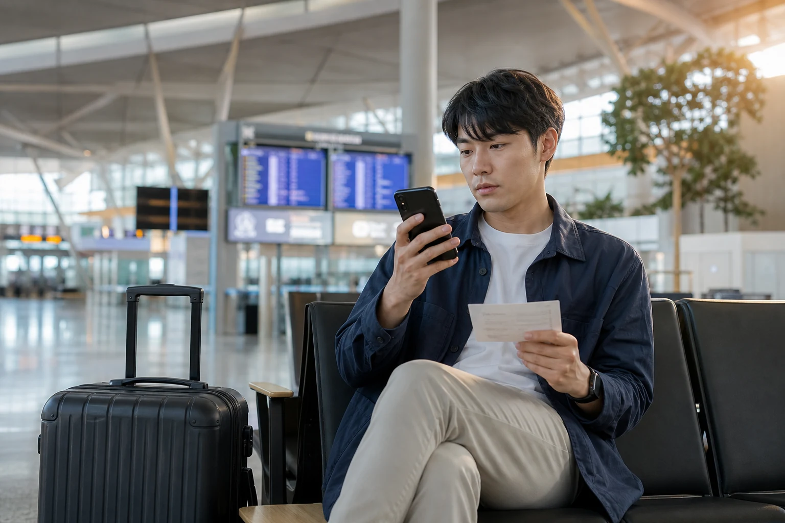 韓国の空港トランジットエリアで、スマホと次の搭乗情報を確認する様子