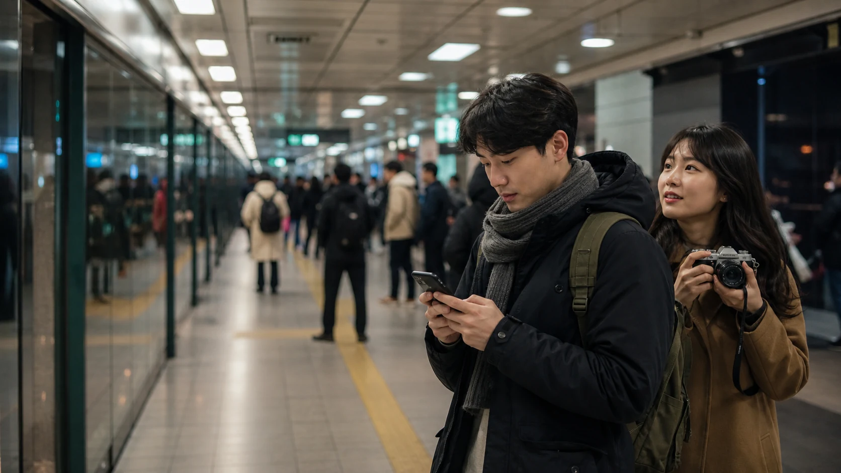 ソウルの地下鉄の駅でスマホを確認する旅客。背後には同行者がいて、高いデータ利用が生まれる旅の場面が伝わる
