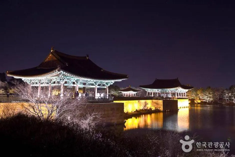 冬の夜に照らされた東宮と月池