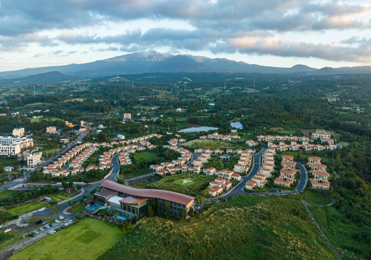 Camphortree Hotel & Resort Jejuの丘陵地の敷地と独立Villaを写した実景空撮